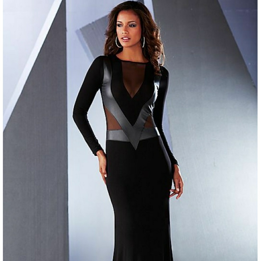 Stunning long sleeve Mesh Insert Faux Leather Gown